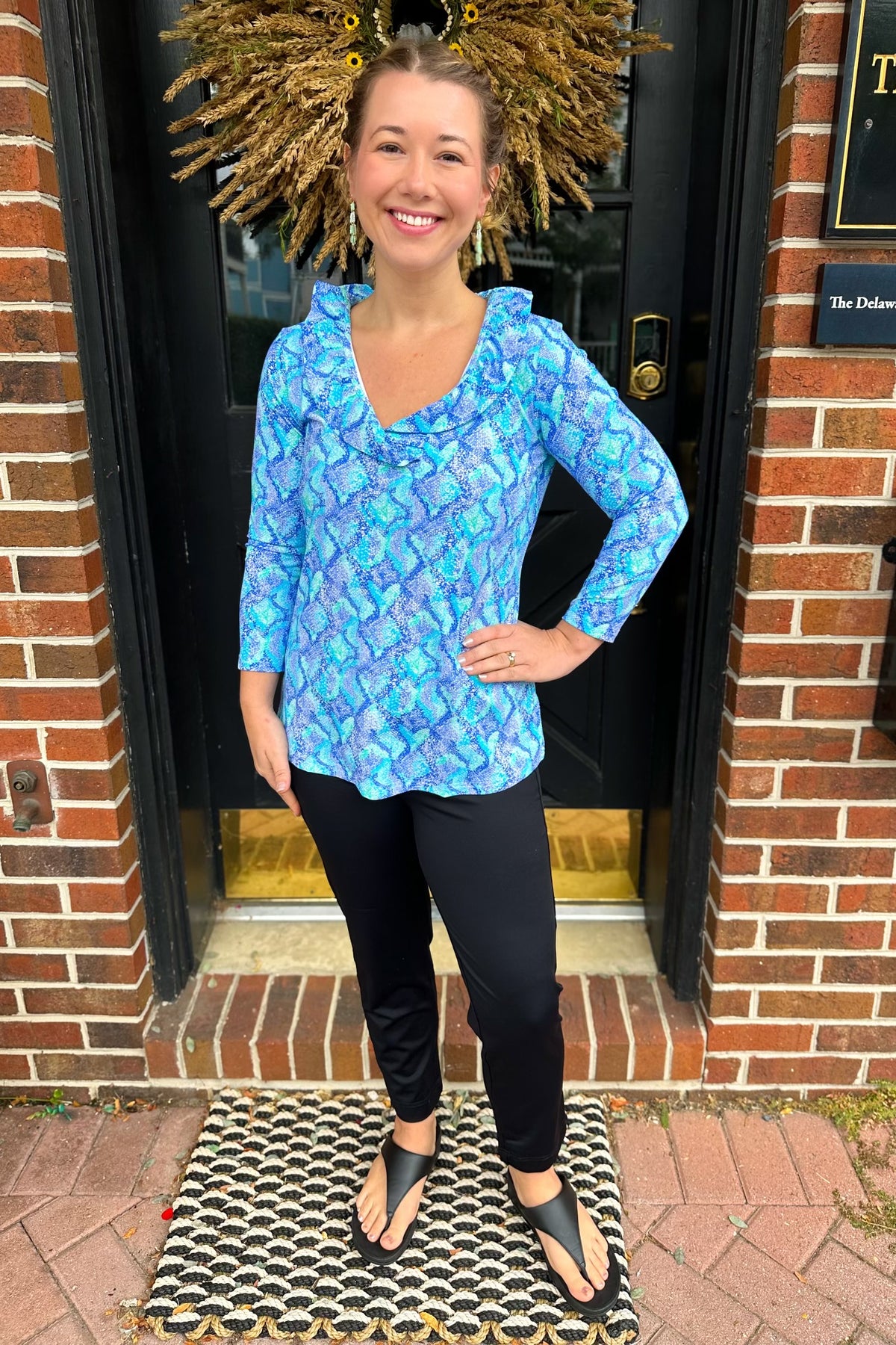 Lulu B Ruffle Neck Blue Snake Top – Blooming Boutique