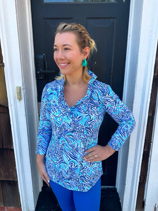 Lulu B Ruffle Neck Blue Zebra Top