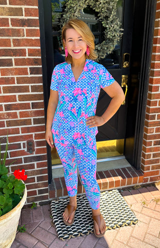 Lulu B Trellis Flower Short Sleeve Collar Top