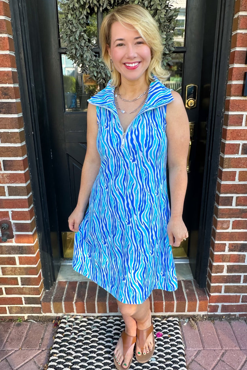 Lulu B Vertical Blue Zebra Sleeveless Zip Swing Dress – Blooming Boutique