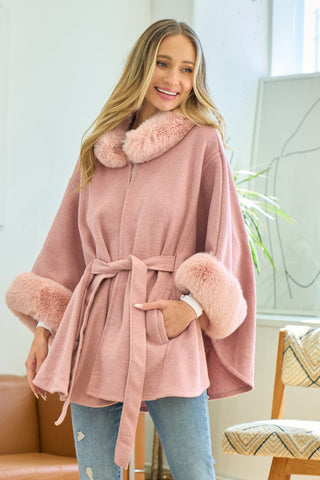 Pink Jacket Mauve Faux Fur Trimmed Hood & Sleeve