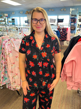 Poinsettia Short Sleeve Button Top