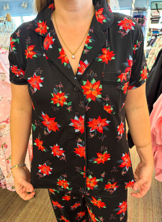 Poinsettia Short Sleeve Button Top