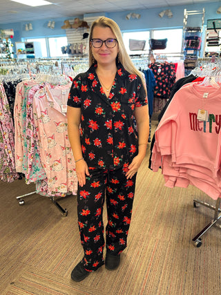 Poinsettia Short Sleeve Button Top