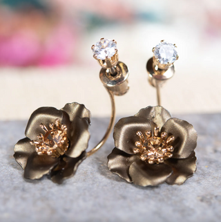 Single Pearl Bronze Flower Drop Earrings with Crystal Post
