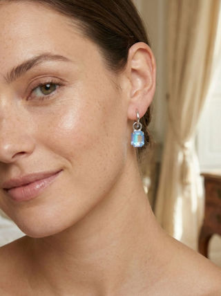 Sorrelli Ocean Delite Emerald Cut Crystal Drop Huggie Hoop Earrings