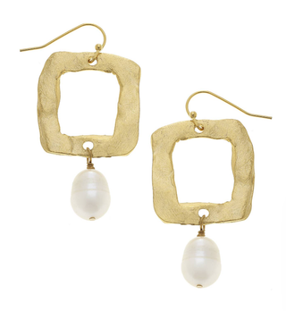 Susan Shaw Gold Open Square and Genuine Freshwater Pearl Earrings