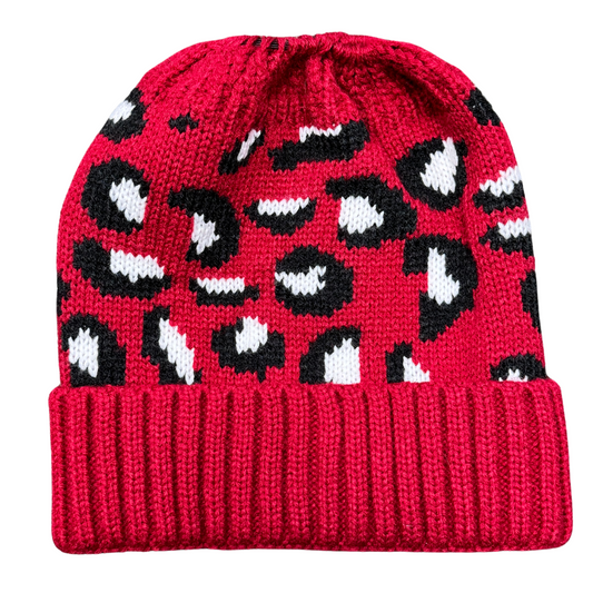 Top It Off Red Leopard Pony Tail Beanie