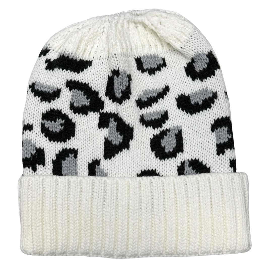 Top It Off White Leopard Pony Tail Beanie
