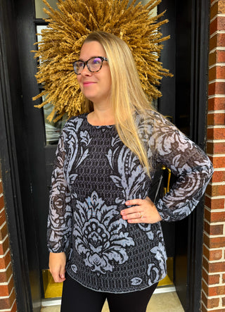 Black and grey damask print long sleeve women's blouse by Tango Mango