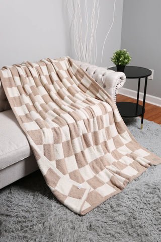 Beige Checkered Luxury Soft Throw Blanket on Couch