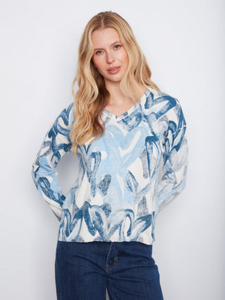 Charlie B Reversible Heart V-Neck Sweater in Splatter