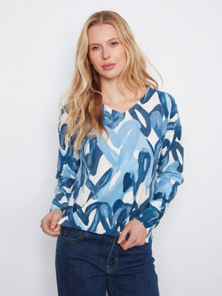 Charlie B Reversible Heart V-Neck Sweater in Splatter