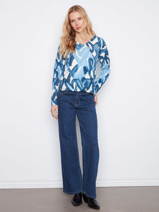 Charlie B Reversible Heart V-Neck Sweater in Splatter