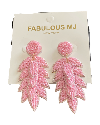 Beaded Light Pink Feather Earrings