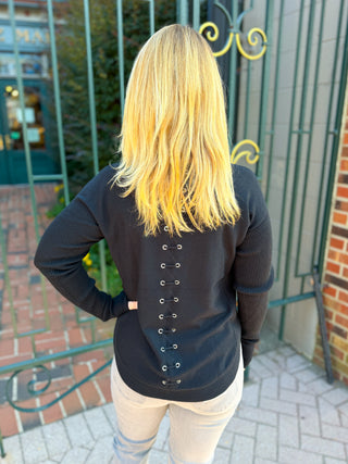 Charlie B Lace-Up Back Boat Neck Sweater in Black