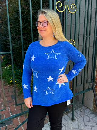 Lulu B Blue and White Stars Chenille Sweater