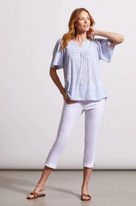 Tribal Jeans ZenBlue Printed Notch Neck Top With Sheering