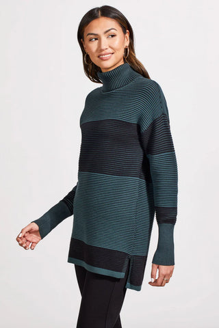 Tribal Fashion Two-tone Ottoman Turtleneck Tunic Sweater Alpine Green Side