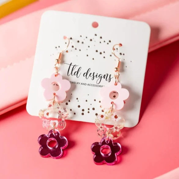 Pink Flower 3 Tier Drop Earrings