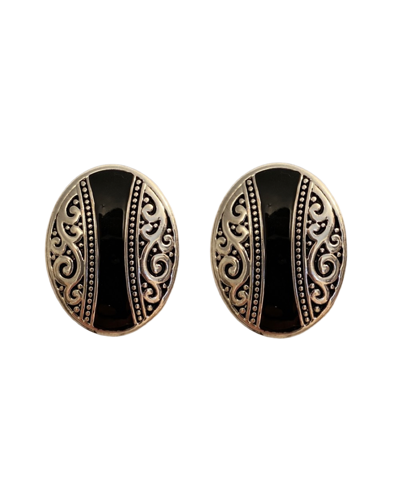 Black and Silver Clip On Earrings- OVAL