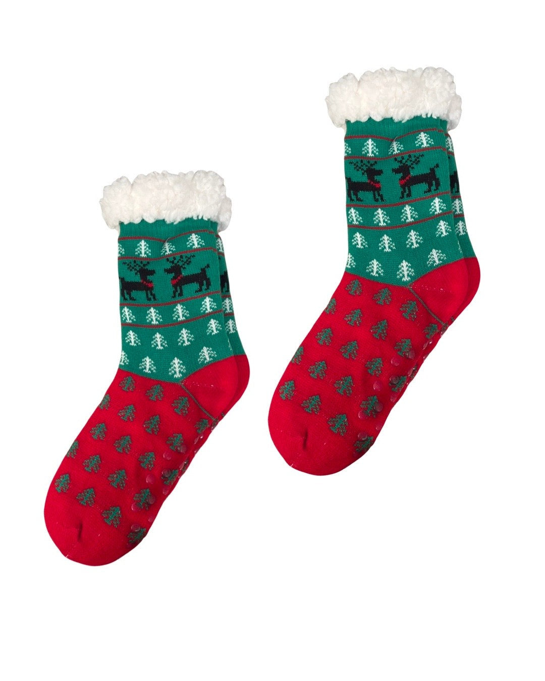Adult Christmas Sherpa Socks- Red / Green Reindeer