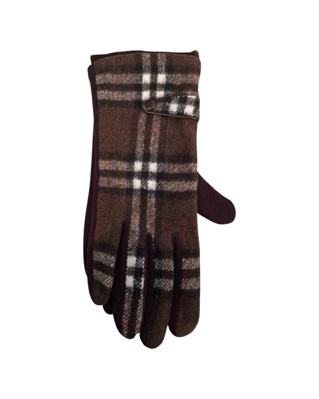 Plaid Button Gloves - Brown