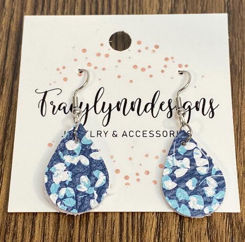 Blue Floral Leather Dangle Earrings