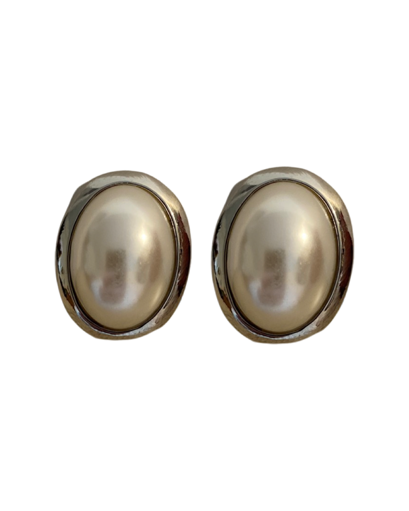 Silver Oval Pearl Clip On Earrings