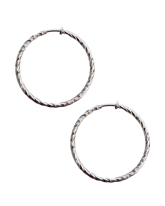 Large Twist Silver Clip On Hoop Earrings